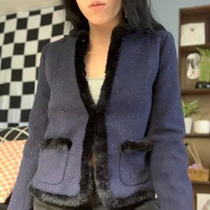 Navy speckled dress jacket with faux fur trim. By Talbots. Size 2 petite